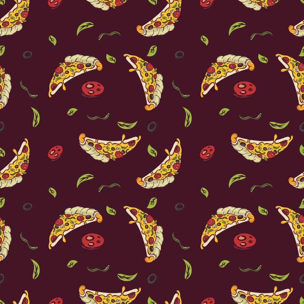 Set of seamless patterns of pizza slices with cheese, pepperoni, basil, mushroom, bell pepper and olives, ideal for food themed wallpapers and fabric prints vector