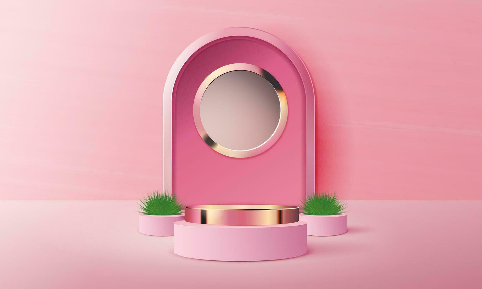 3d geometric pink and gold podium with copy space area, blank space for product display, product placement, mockup. vector template