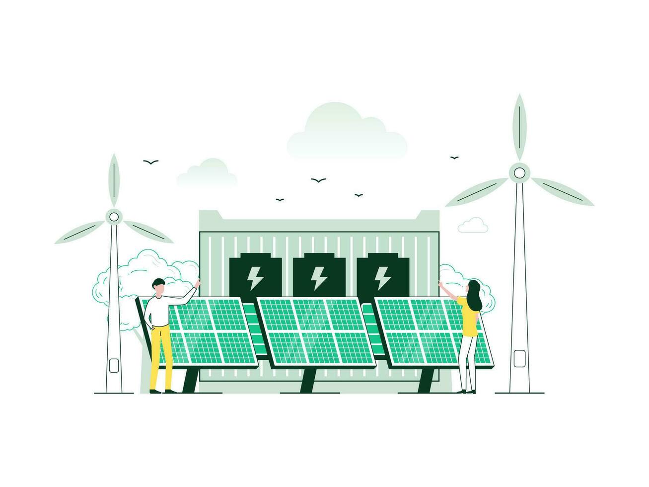 Clean energy from renewable sources sun and wind. Power plant station with solar panels and wind turbine. Nature Background. Vector illustration with minimalist color.