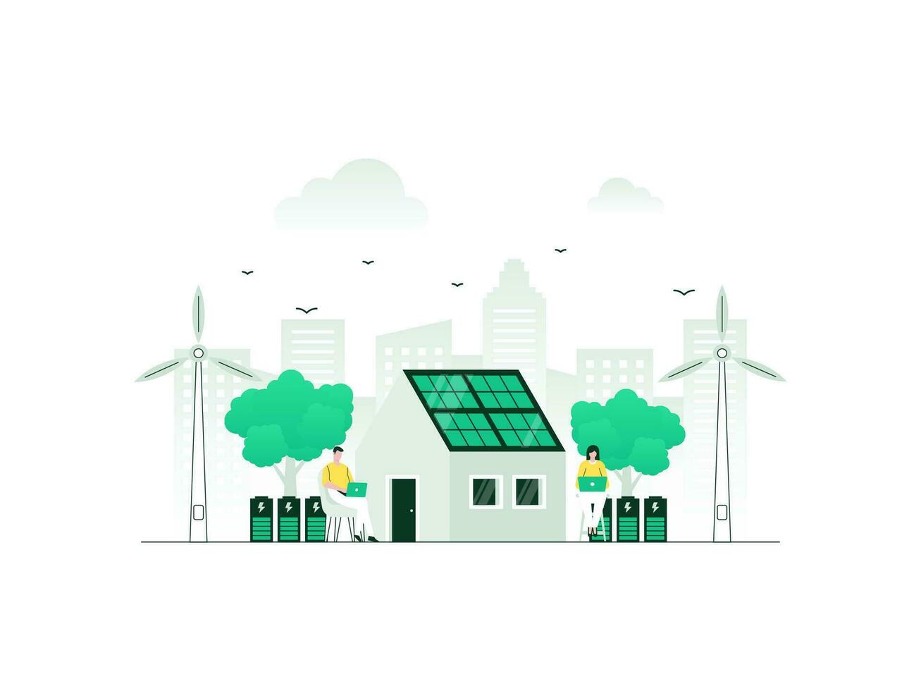 House with independent power source supply. Green and renewable energy from solar panels and wind turbines. Vector illustration with minimalist color.