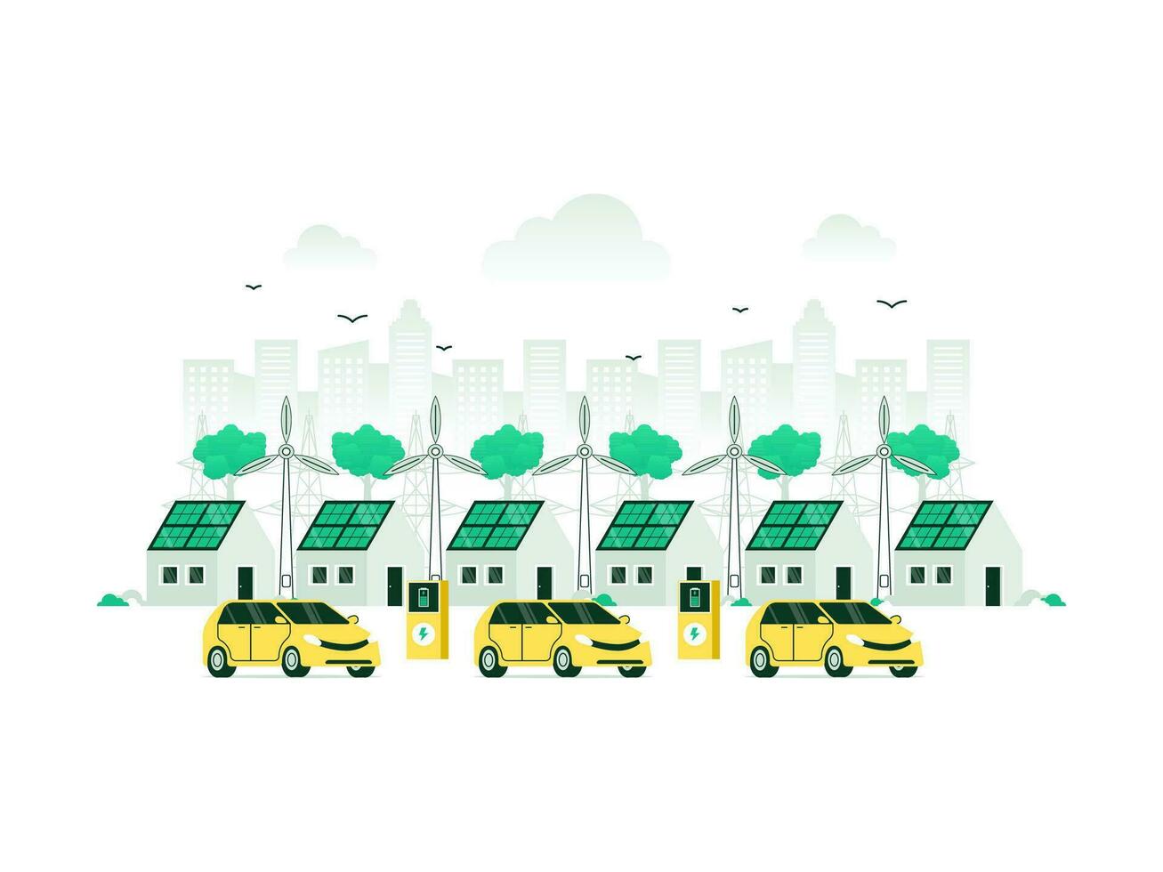 Smart and sustainable eco city with residential and commercial buildings, powered by solar and wind energy. Battery storage ensures reliable energy supply. Vector illustration with minimalist color.