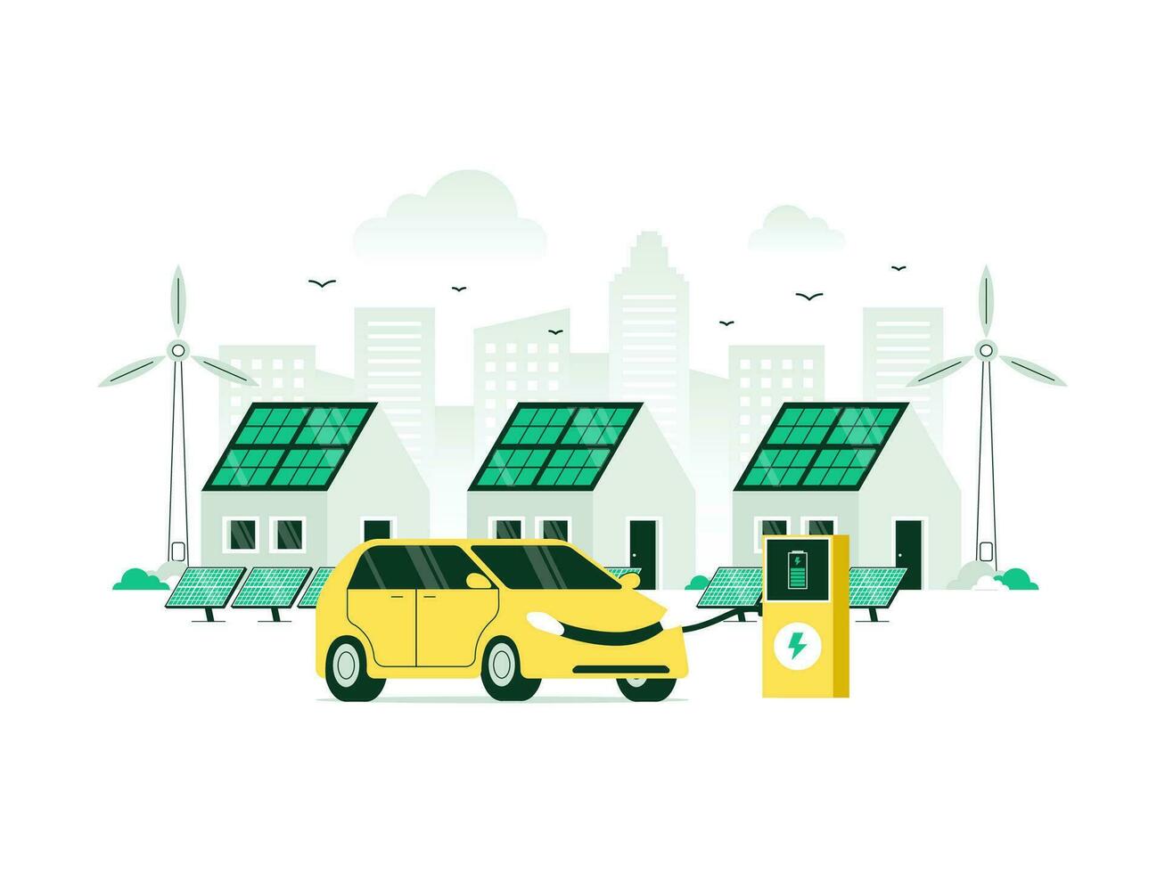 Utilizing clean green energy from renewable sources. Modern eco house with windmills, solar panels, and electric car charging station. Vector illustration with minimalist color.