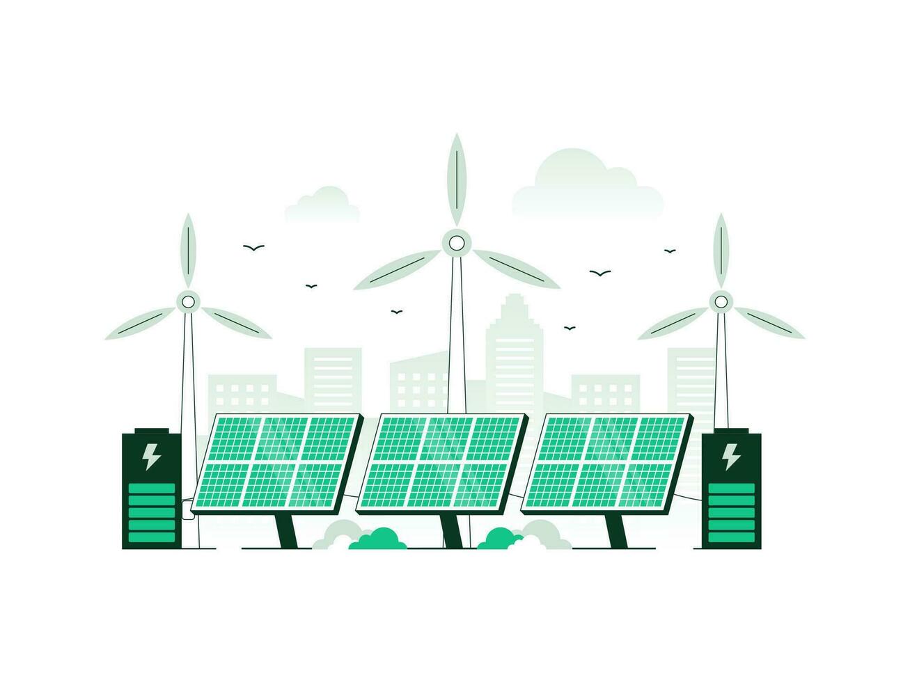 Renewables energy and Renewable electric power station with solar panels and wind turbines. Clean electric energy from renewable sources sun and wind. Vector illustration with minimalist color.