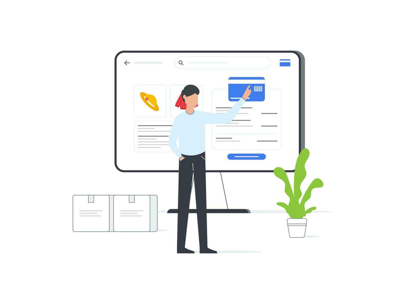 Flat vector illustrations of a man using a computer to select payment methods on various e commerce platforms. Modern and user friendly interface.