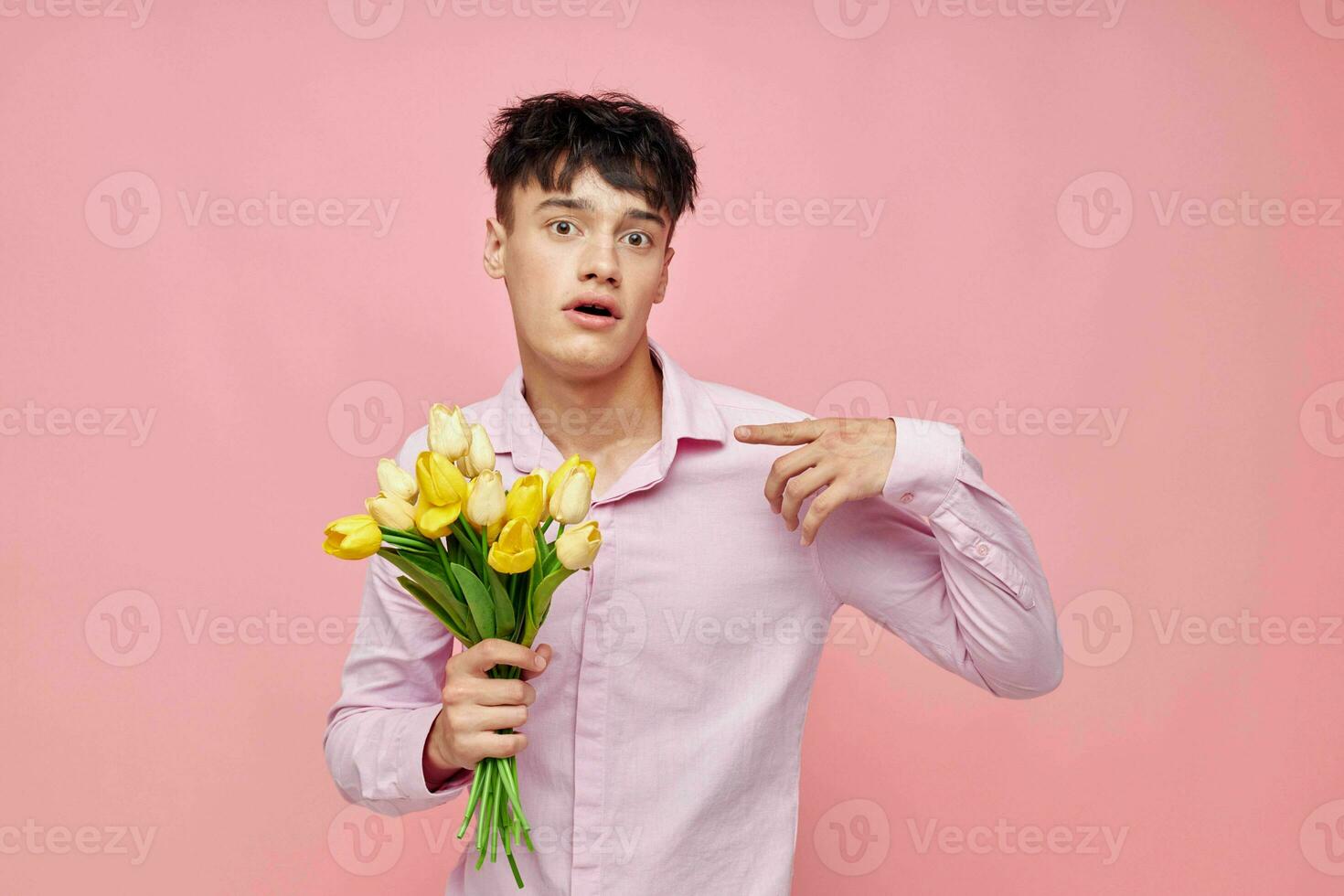 pretty man bouquet of flowers date romance posing isolated background