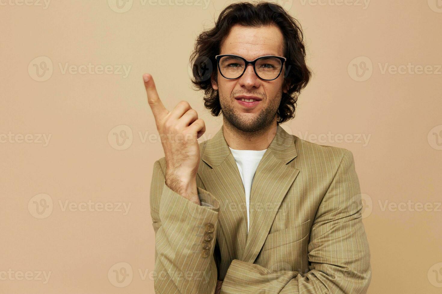 man spectacled beige suit elegant style Lifestyle unaltered photo