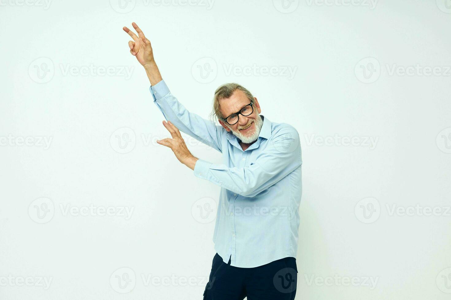 Portrait of happy senior man lifestyle posing hand gesture isolated background photo