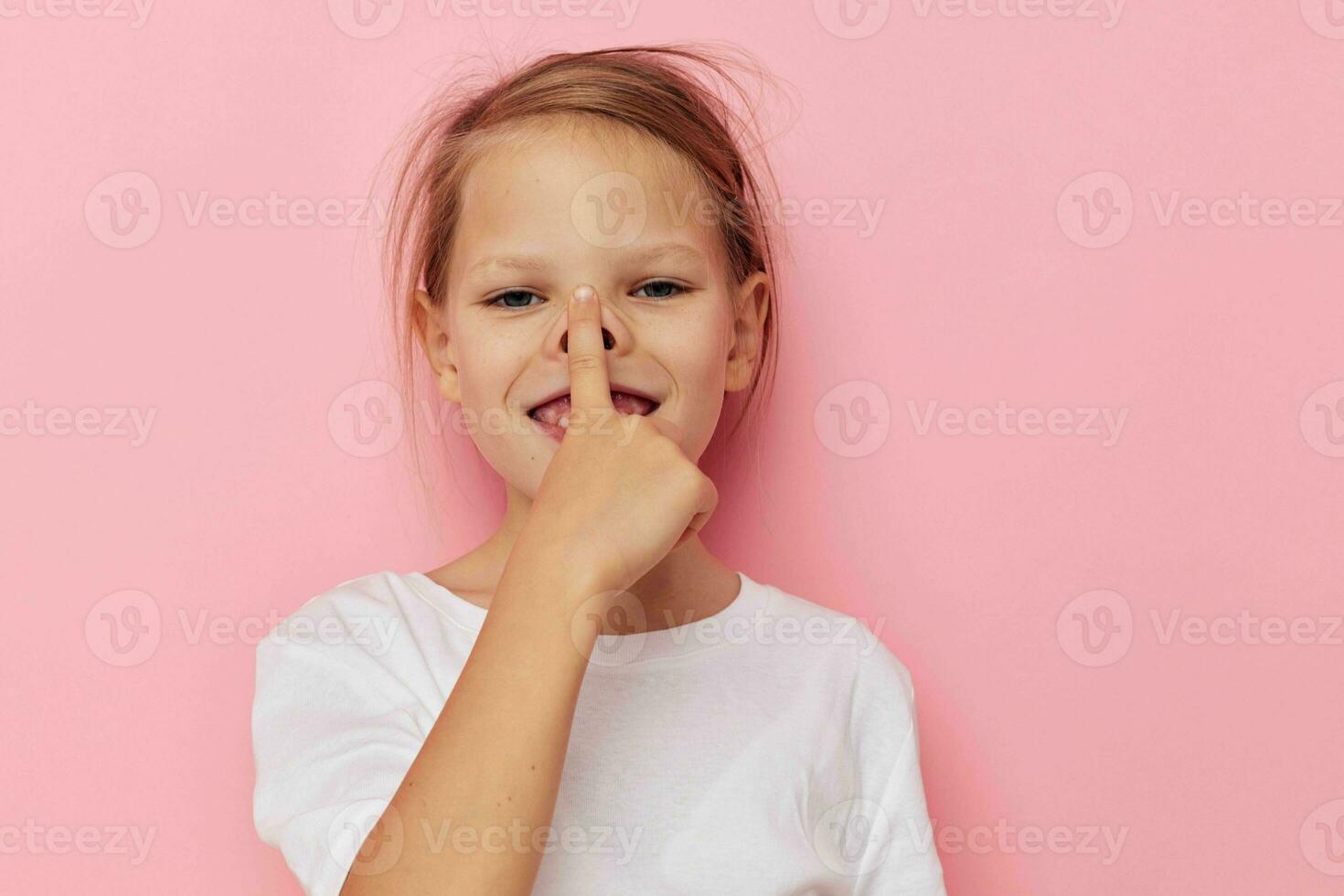 Portrait of happy smiling child girl grimace posing fun isolated background photo