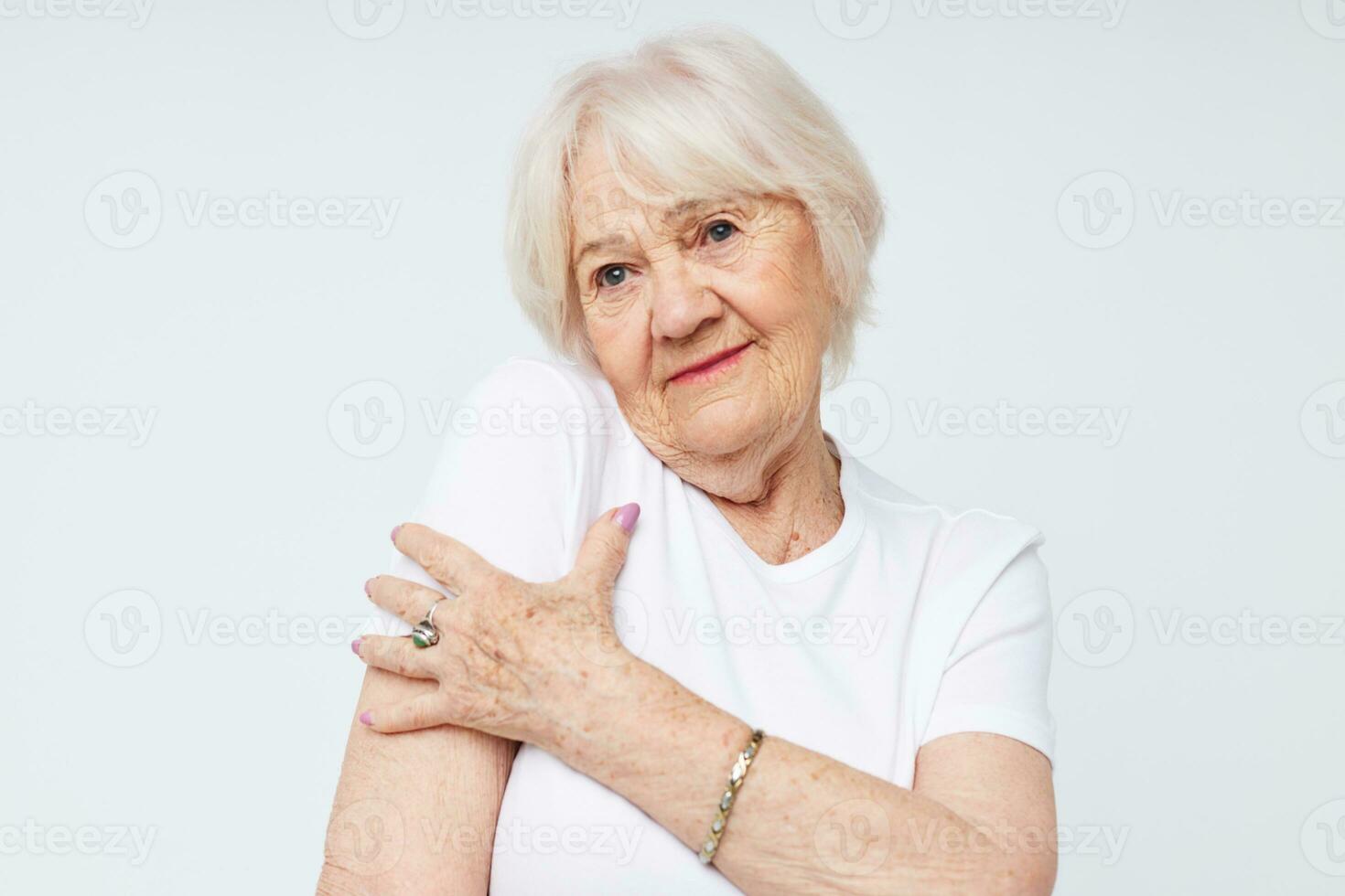 Photo of retired old lady smile hand gesture isolated background