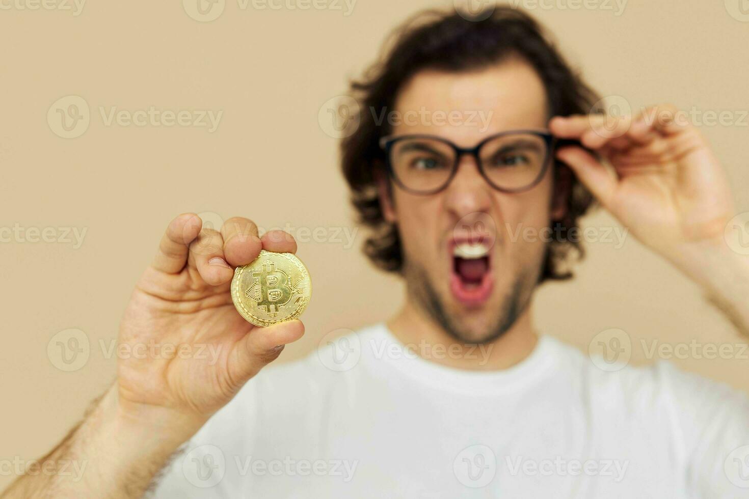 man emotions cryptocurrency finance close-up isolated background photo