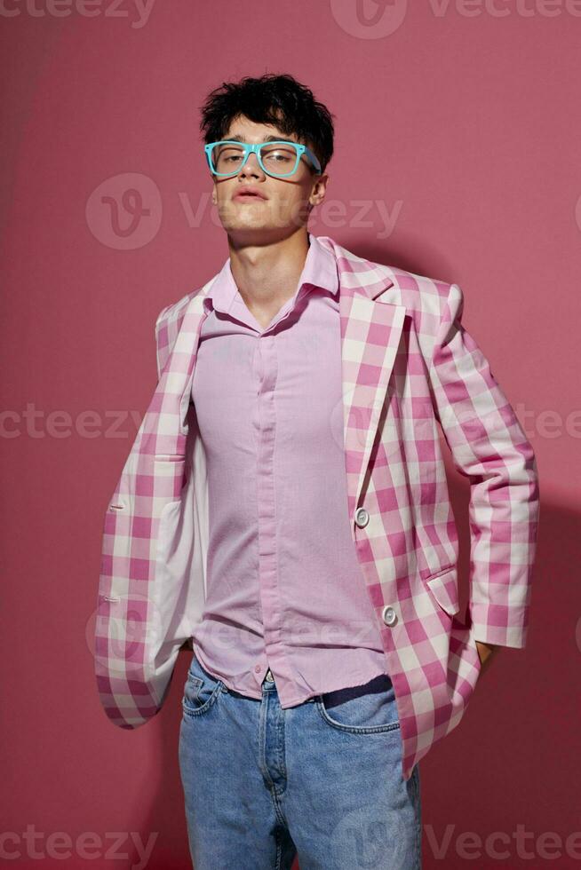 pretty man sunglasses pink blazer fashion elegant style isolated background unaltered photo