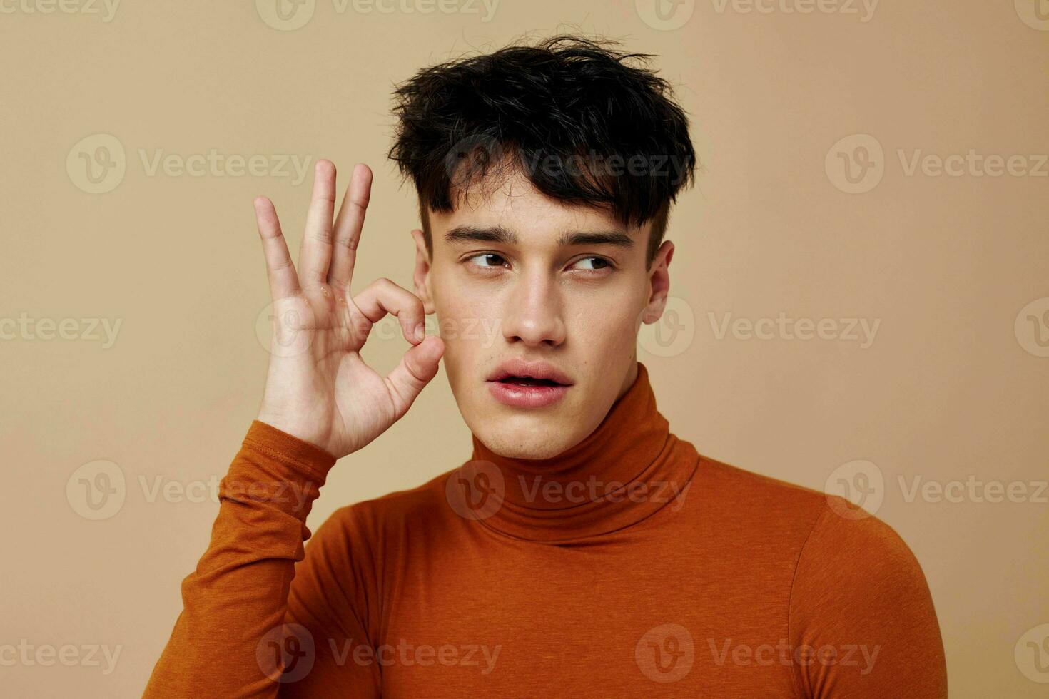 retrato de un joven hombre marrón suéter tipo con cuello de tortuga posando Moda aislado antecedentes inalterado foto