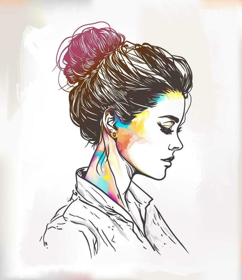 Beautiful woman with messy bun hairstyles line art with colorful artistic brushstroke vector