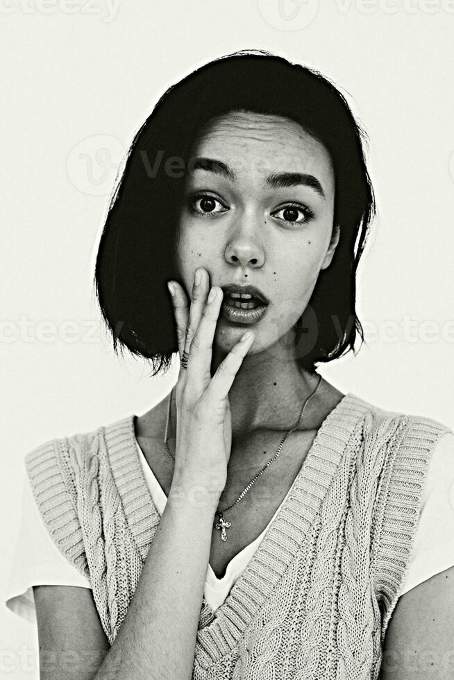 woman with short hair black and white photo close-up