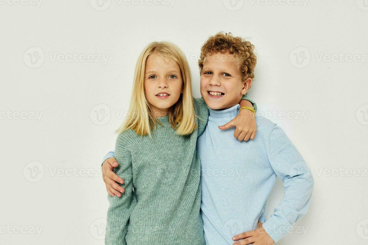 Photo of two children hug entertainment posing friendship isolated background