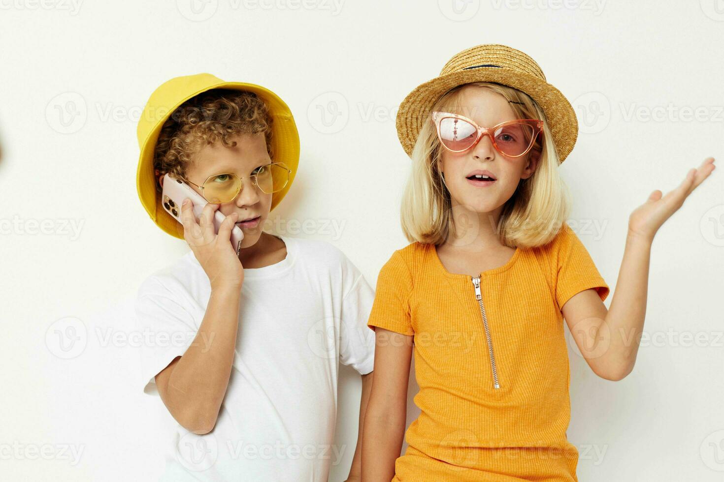 funny kids wearing hats fashion phone selfie communication photo