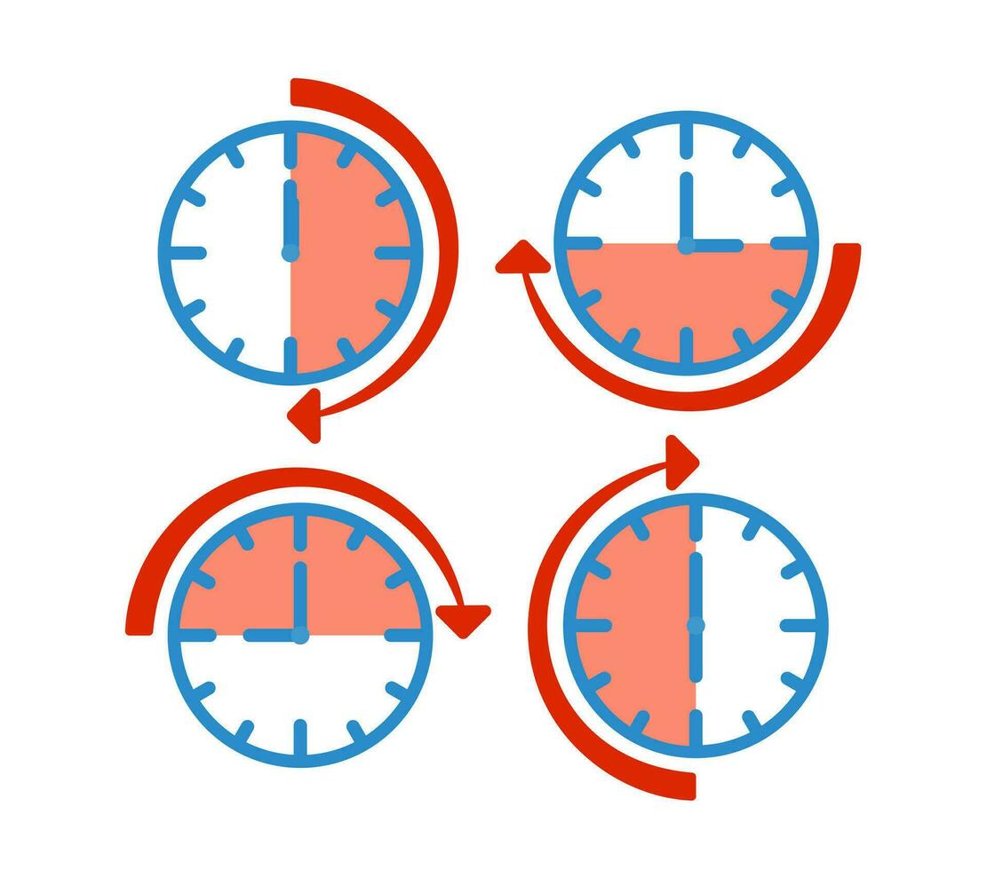 Time management. Efficient scheduling every six hours. Clock vector icons. Time for action. Vector illustration isolated on white background.