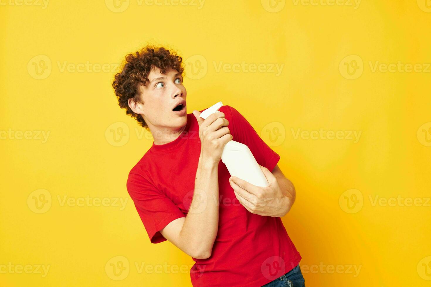 guy with red curly hair detergent posing emotion isolated background unaltered photo