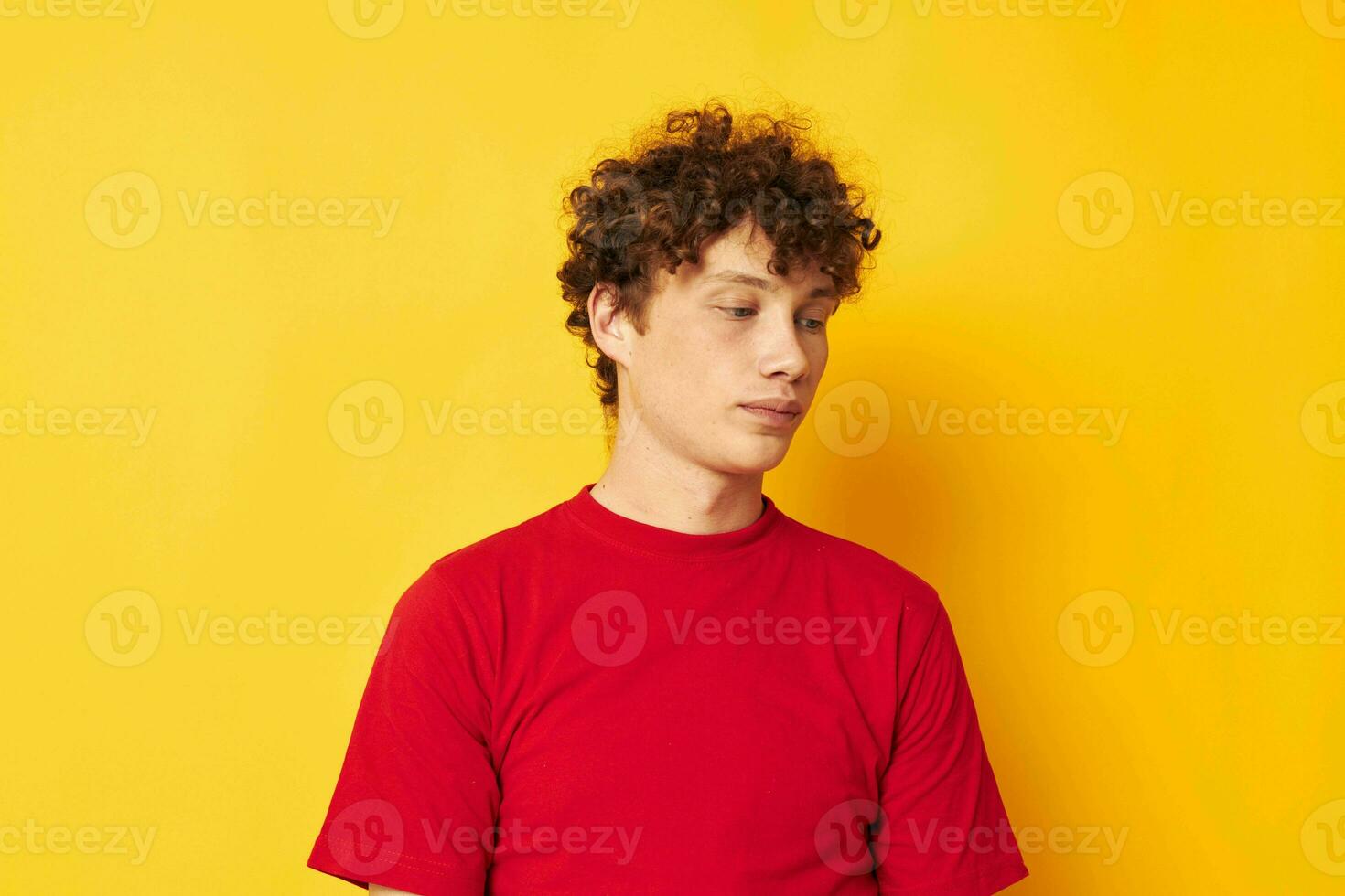 guy with red curly hair summer style fashion posing yellow background unaltered photo