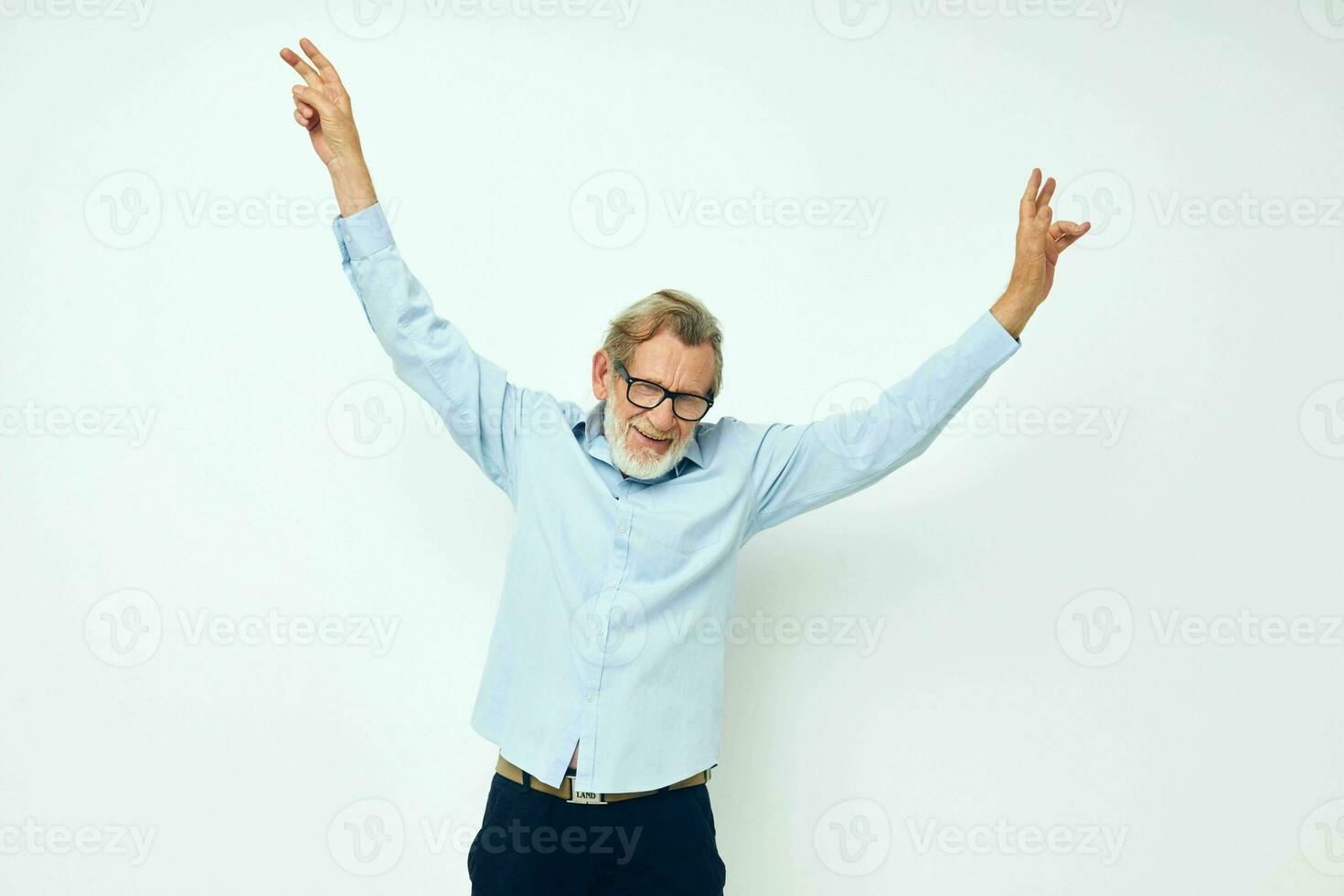 Portrait of happy senior man lifestyle posing hand gesture isolated background photo