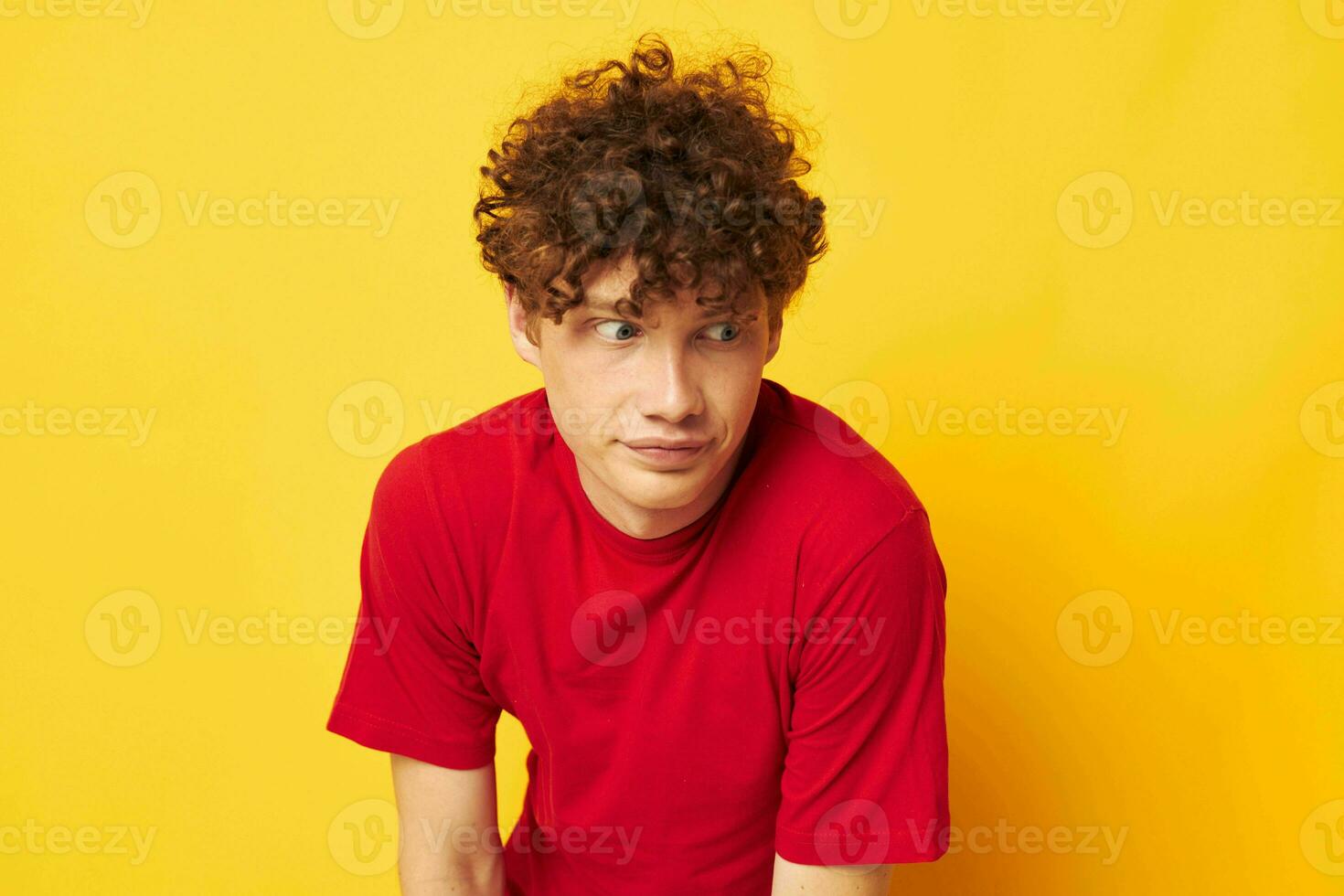 guy with red curly hair summer style fashion posing yellow background unaltered photo