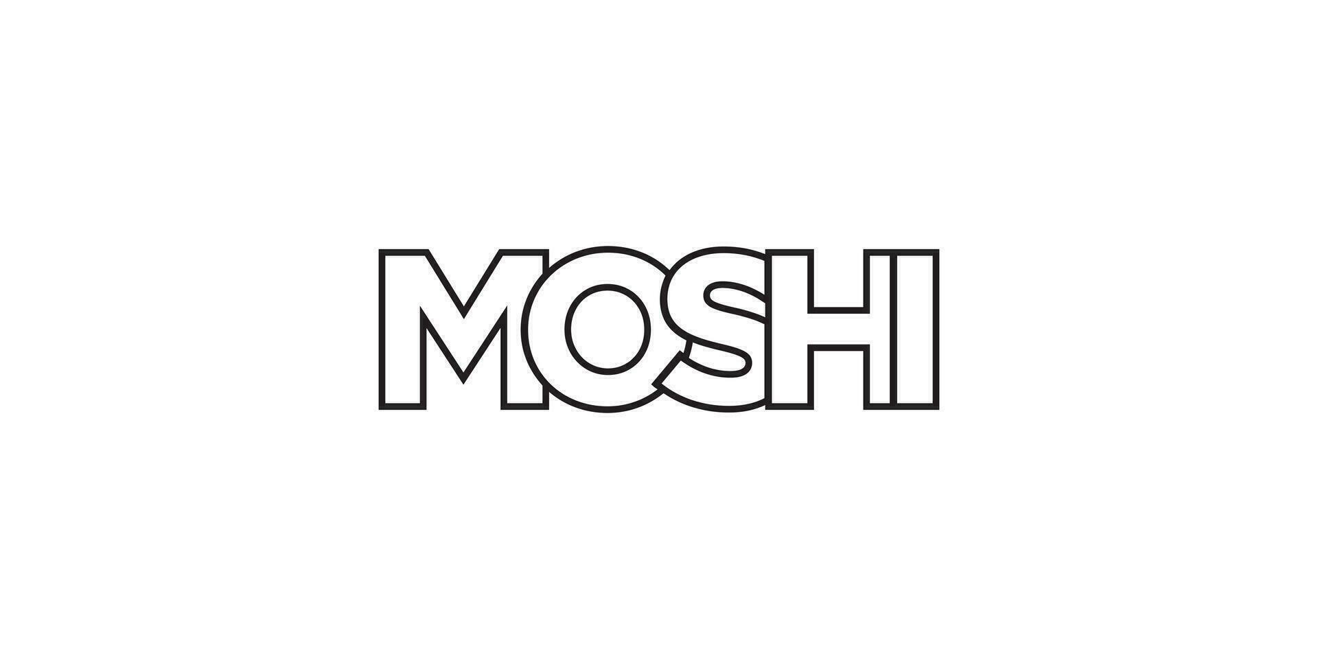 Moshi in the Tanzania emblem. The design features a geometric style, vector illustration with bold typography in a modern font. The graphic slogan lettering.