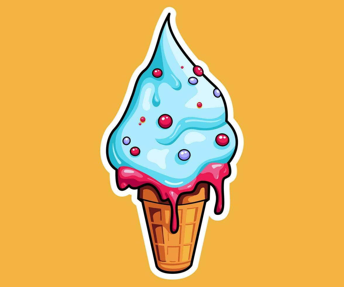 Sweet ice cream melting balls in the waffle cone isolated on background. Vector flat outline icon, label, sticker. Comic character in cartoon style illustration.