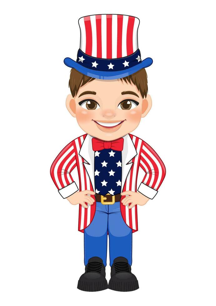 americano chico retrato celebrando 4to de julio independencia día con traje, vistiendo tío sam sombrero, plano icono estilo vector