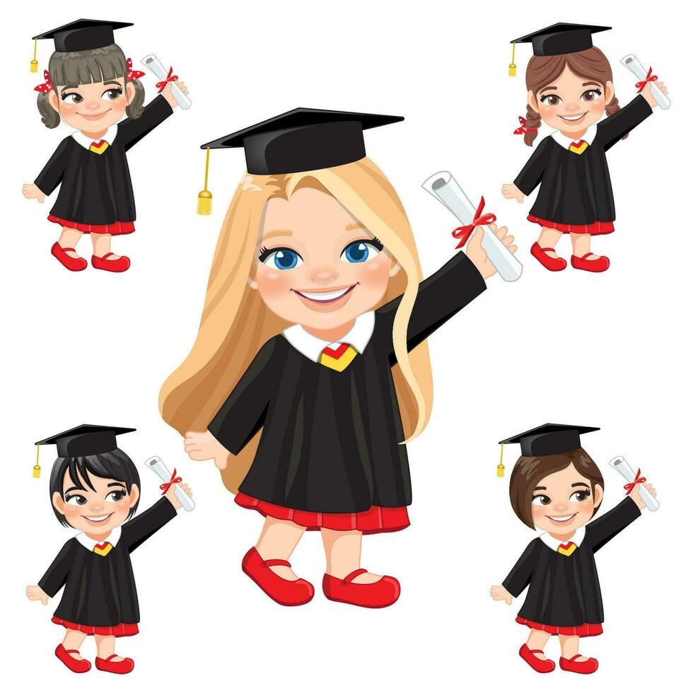 conjunto de muchachas participación diploma en académico vestido para graduación día, contento niña dibujos animados personaje para graduación día vector