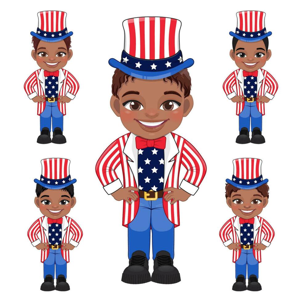 conjunto de americano africano Niños retrato celebrando 4to de julio independencia día con traje, vistiendo tío sam sombrero, plano icono estilo vector