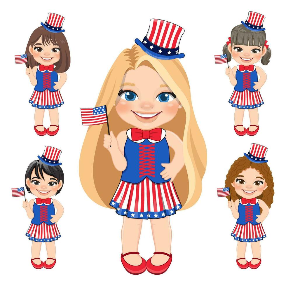 conjunto de americano muchachas retrato celebrando 4to de julio independencia día con traje, participación banderas, plano icono estilo vector