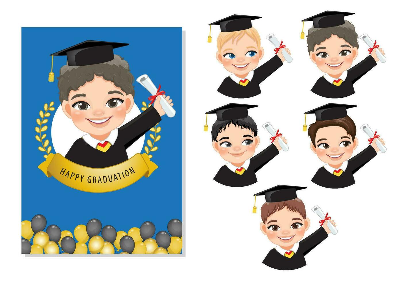 conjunto de Niños participación diploma en académico vestido para graduación día, contento chico dibujos animados personaje para graduación día tarjeta modelo vector