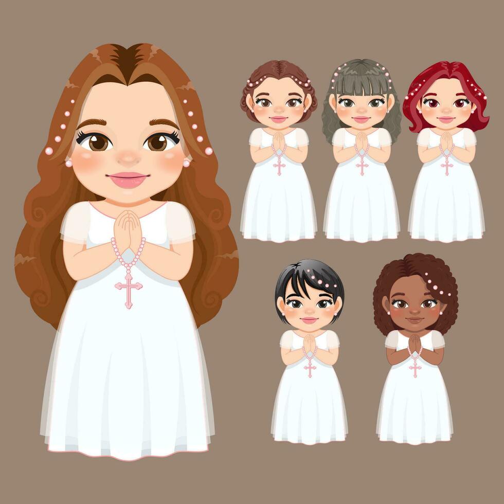 Set of First communion concept with diverse girls praying have rosary in hand vector