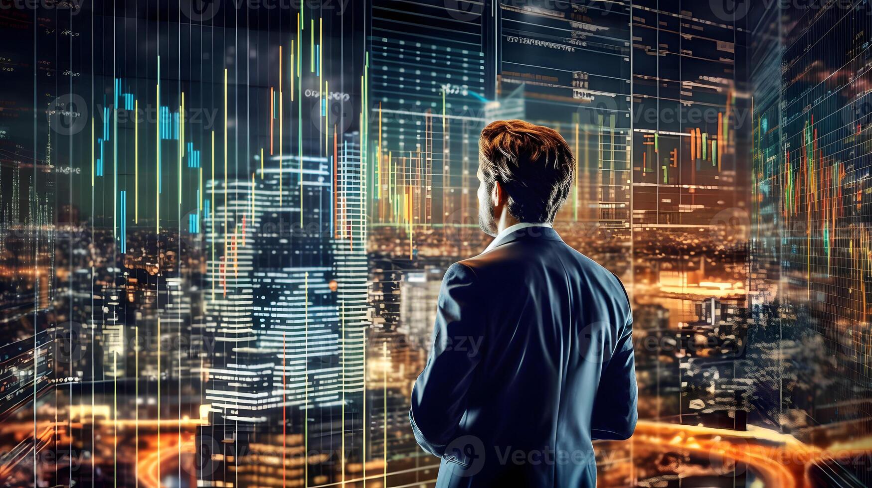 A solitary trader studies stock market graphs on expansive multi monitor workstations, employing mobile app analytics for cryptocurrency and investment growth chart analysis. . photo