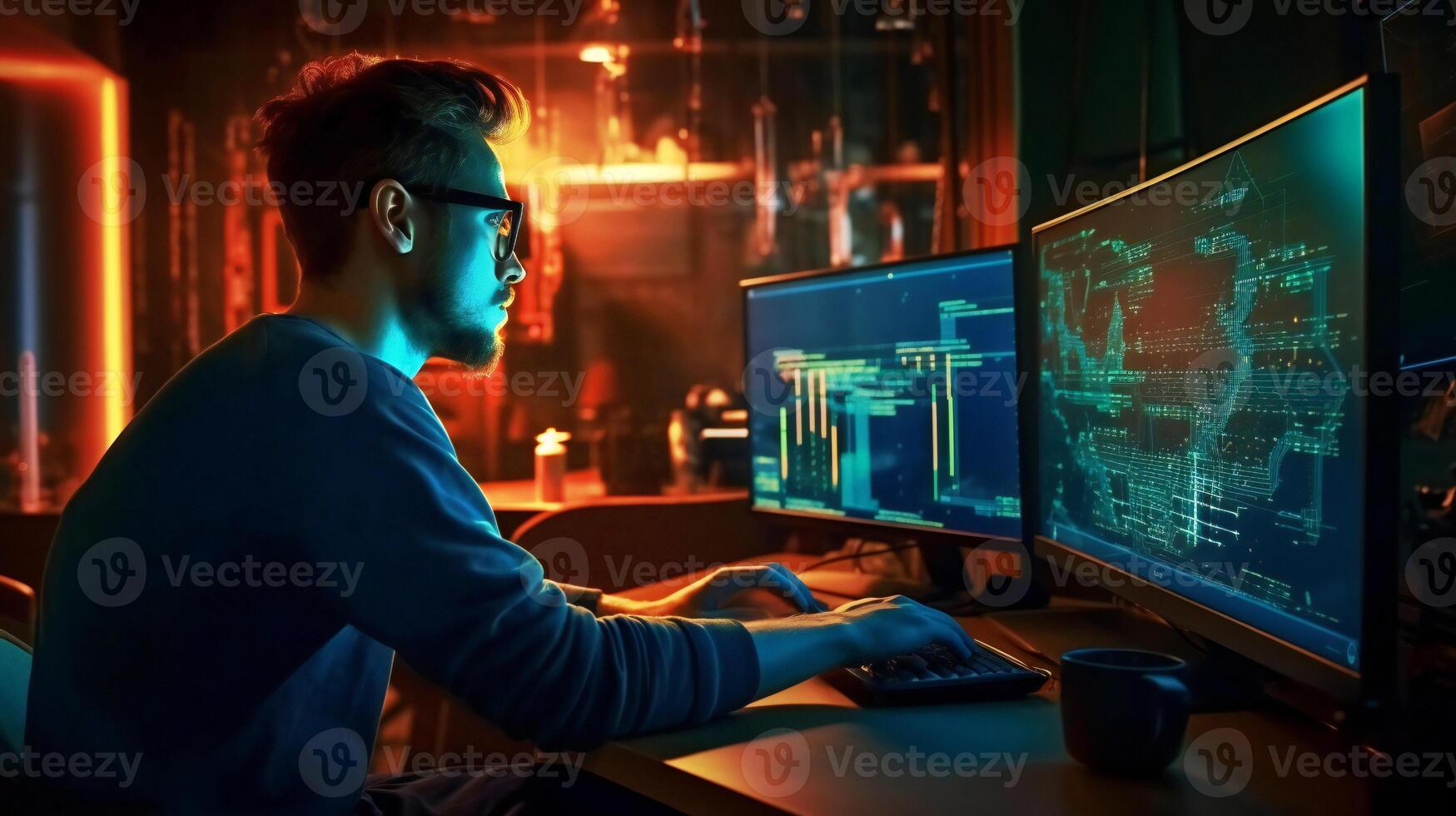 Digital technology, software development concept. Coding programmer, software engineer working on virtual screen. . photo