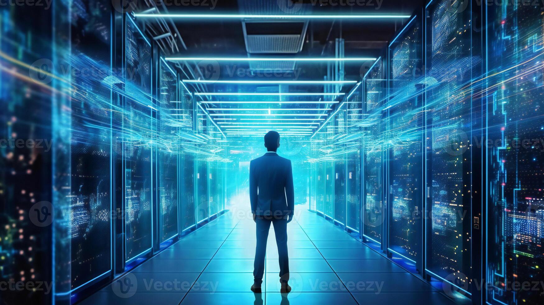 Network and internet communication technology concept, data center structure, server racks with telecommunication equipment. . photo