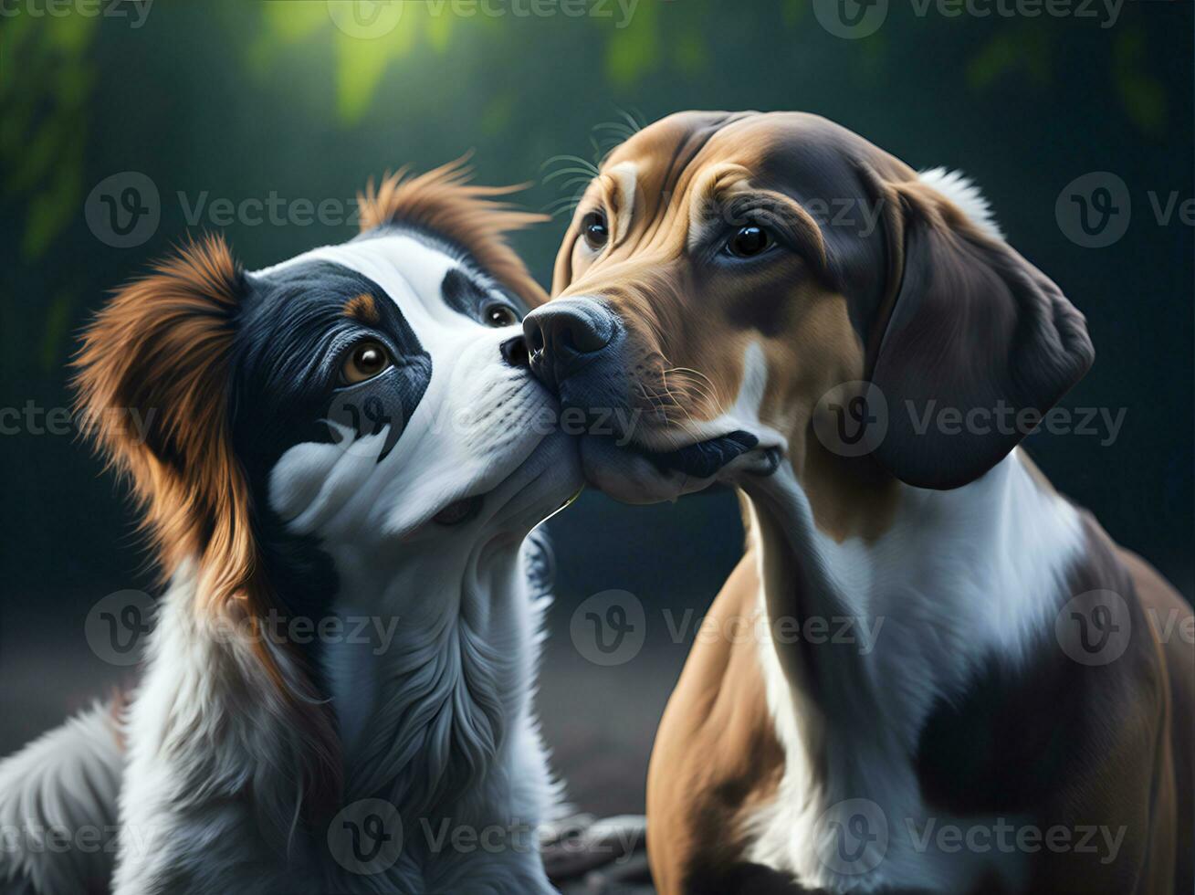 Animal romantic love. Cute happy dog friend. Funny pet relationship. AI Generative photo