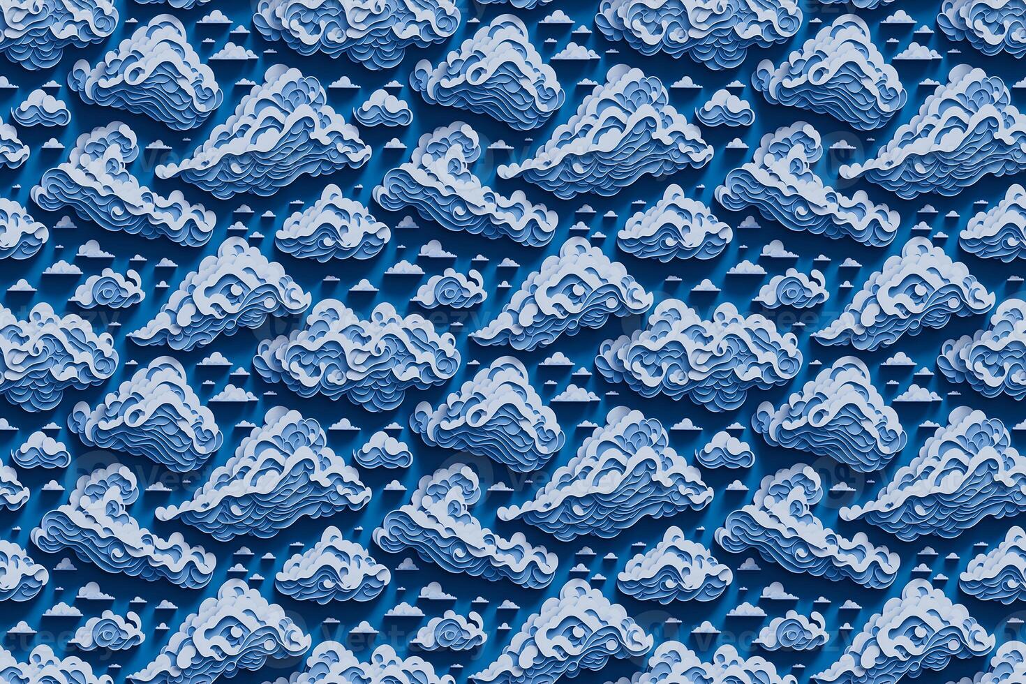Quilling paper seamless pattern. Craft wallpaper on blue background. Creative wall decor. photo