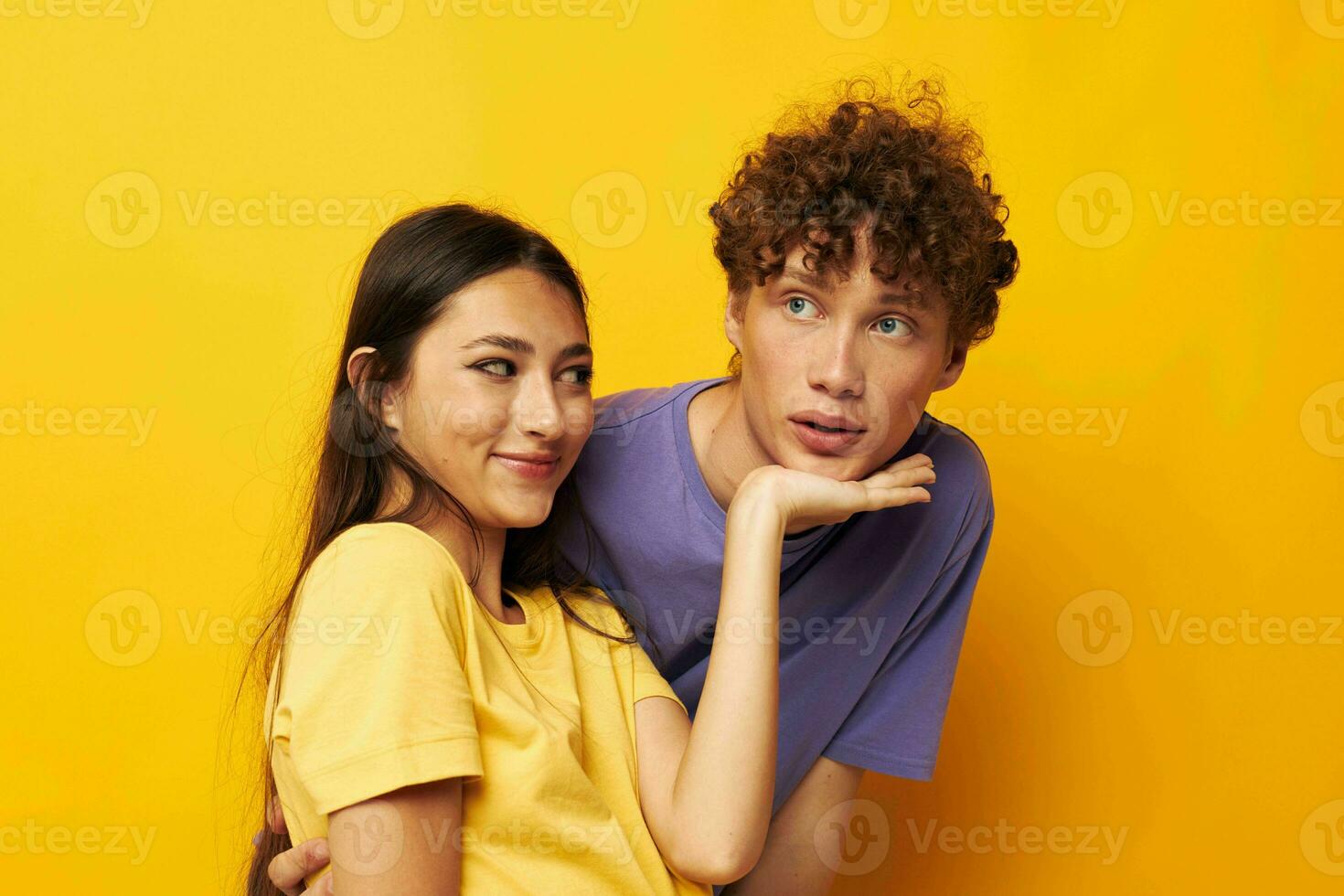 young boy and girl in colorful t-shirts posing friendship fun Lifestyle unaltered photo