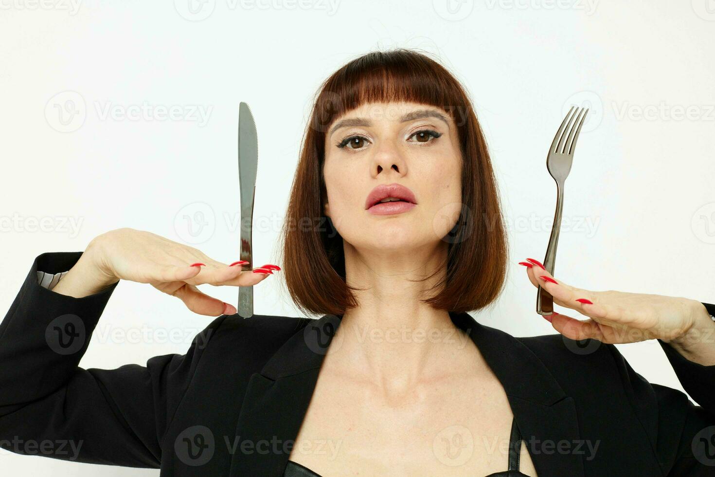 attractive woman knife and fork in hands emotions posing isolated