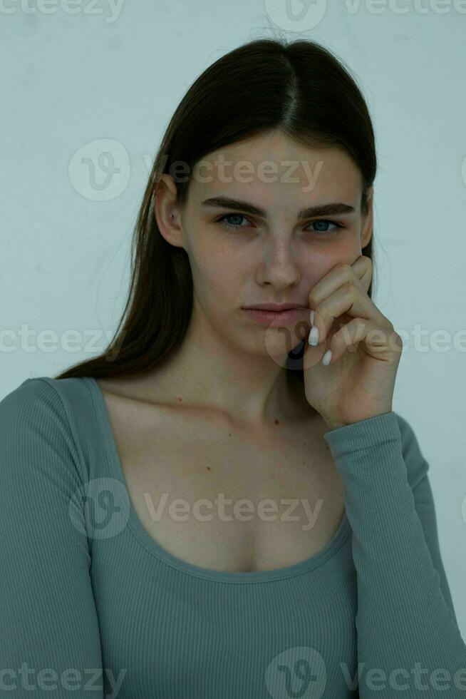 cheerful girl wearing stylish clothes fashion posing close-up photo