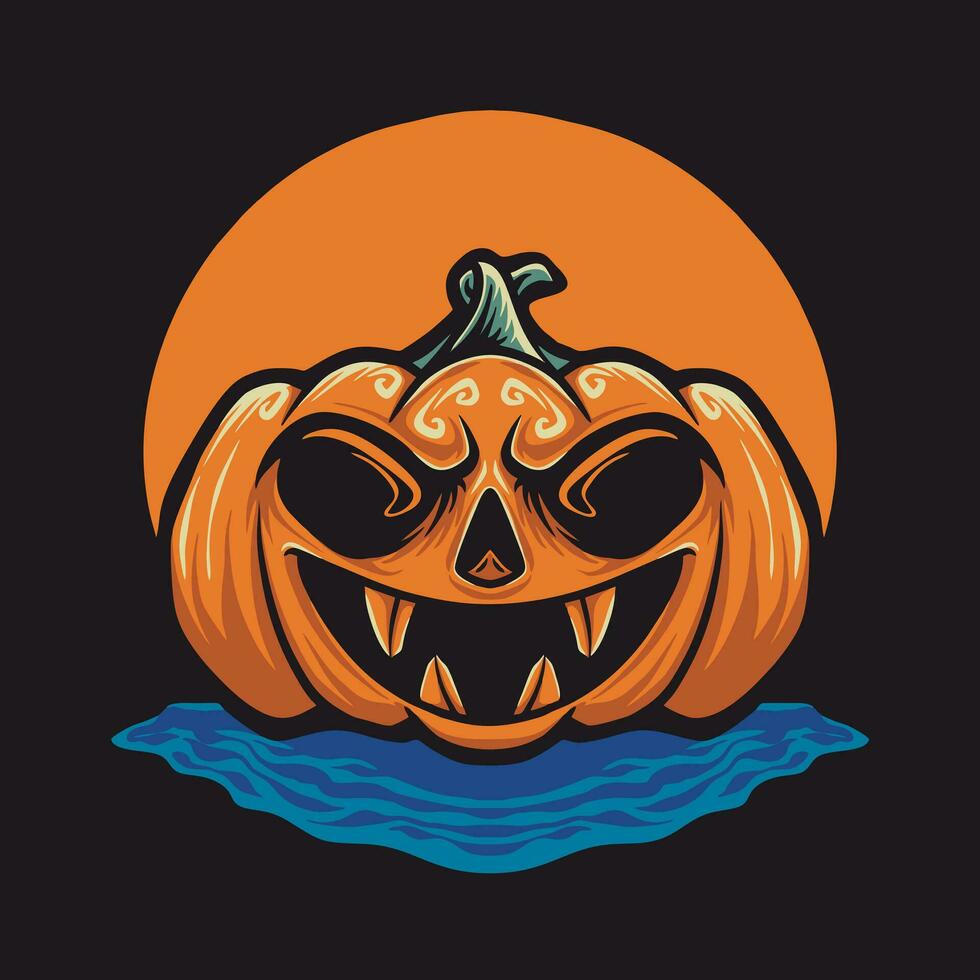 Orange Pumpkin Halloween and Blue water vector illustration