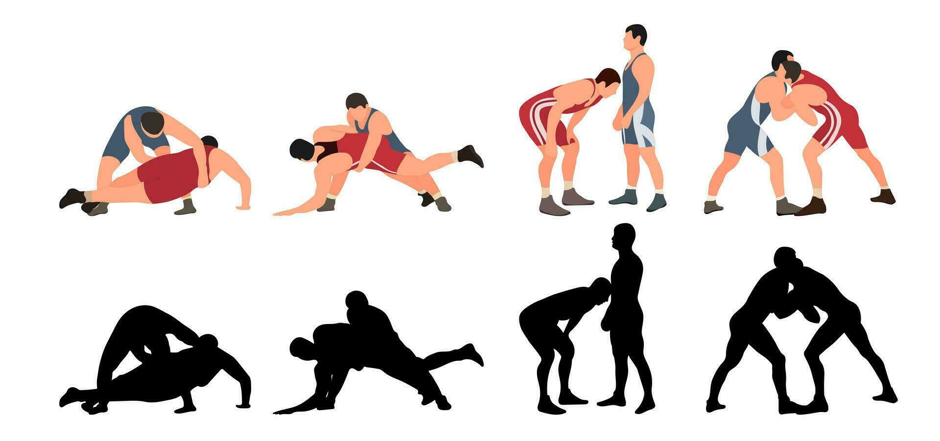 Set of wrestlers silhouettes. Image of greco roman wrestling, martial art, sportsmanship vector