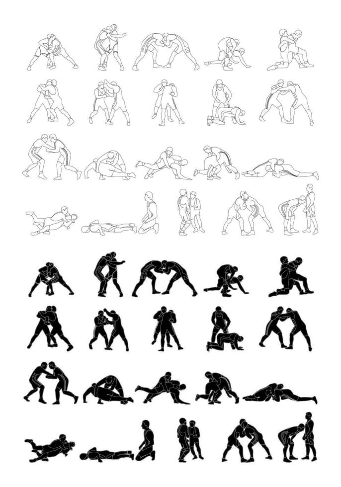 Set of wrestlers silhouettes. Image of greco roman wrestling, martial art, sportsmanship vector