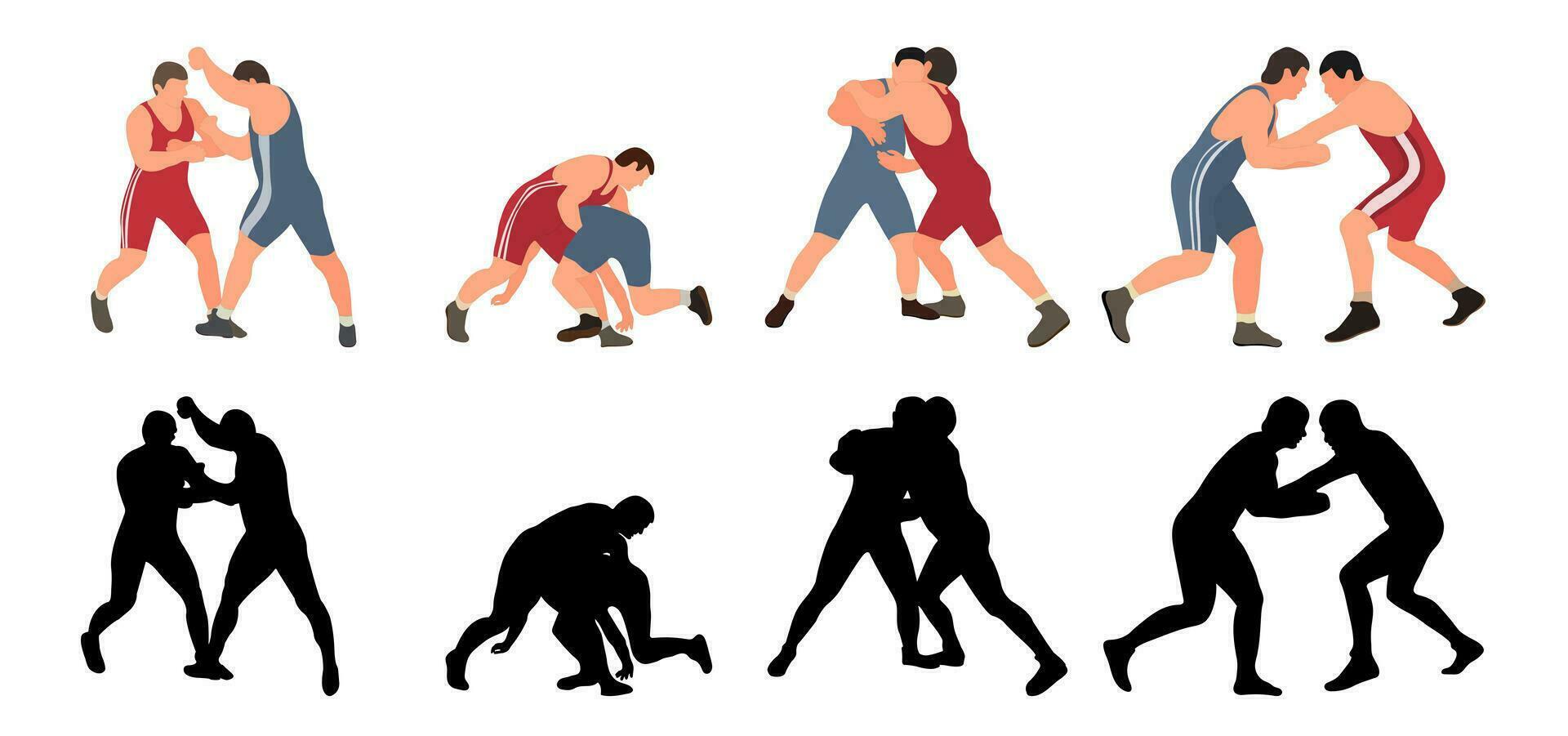 Set of wrestlers silhouettes. Image of greco roman wrestling, martial art, sportsmanship vector