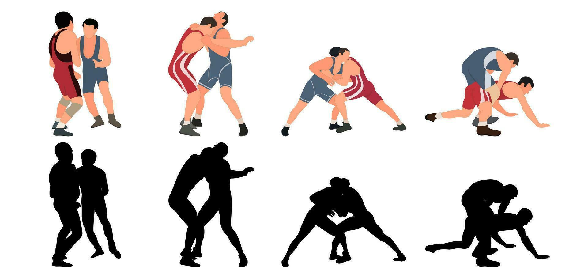 conjunto de luchadores siluetas imagen de greco romano lucha, marcial arte, deportividad vector