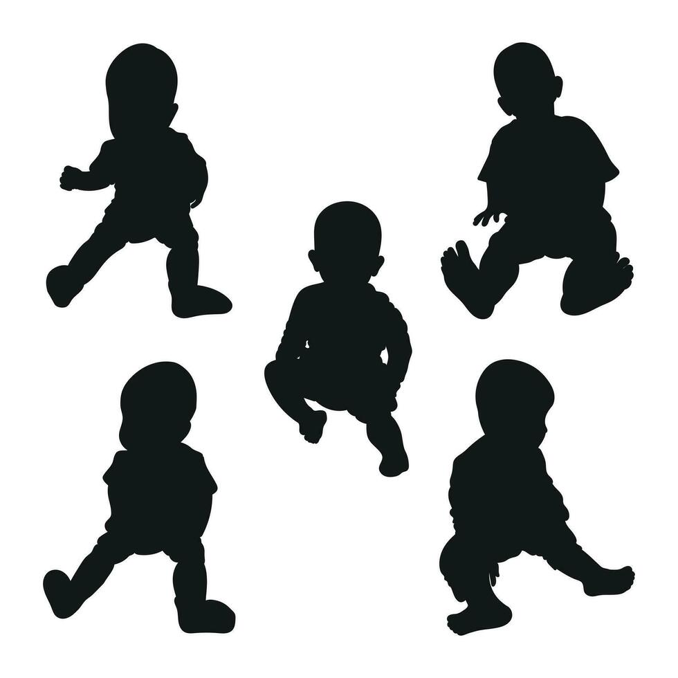 Image of a black silhouette of a baby up to a year. The child sitting, walking, dance vector