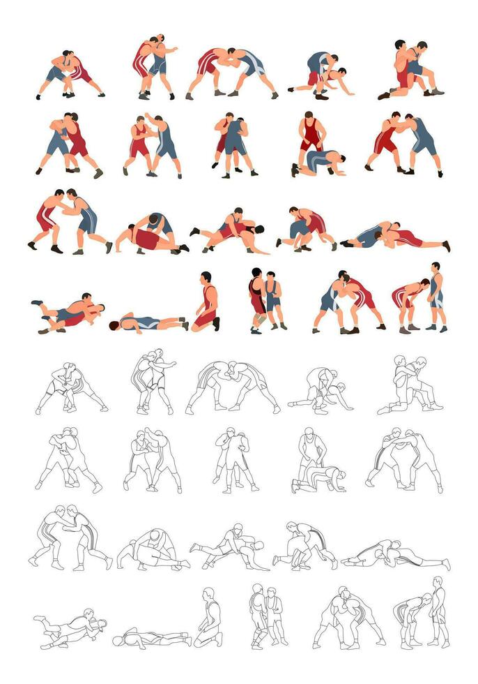 Set of wrestlers silhouettes. Image of greco roman wrestling, martial art, sportsmanship vector