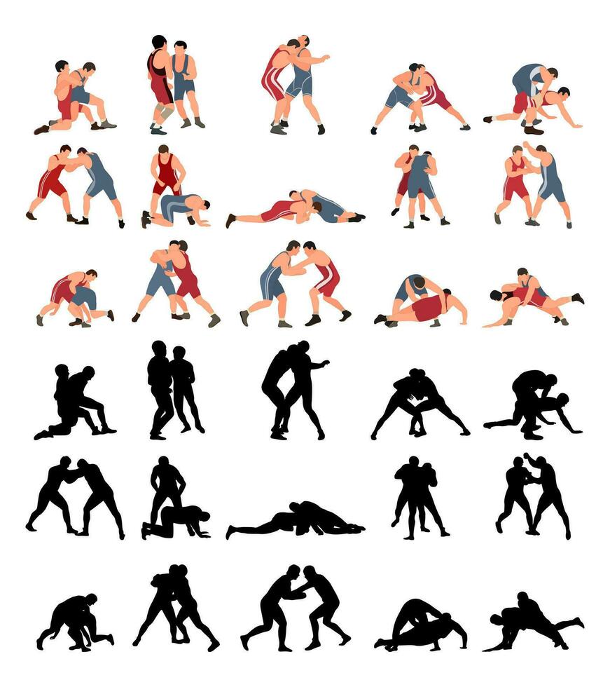 conjunto de luchadores siluetas imagen de greco romano lucha, marcial arte, deportividad vector