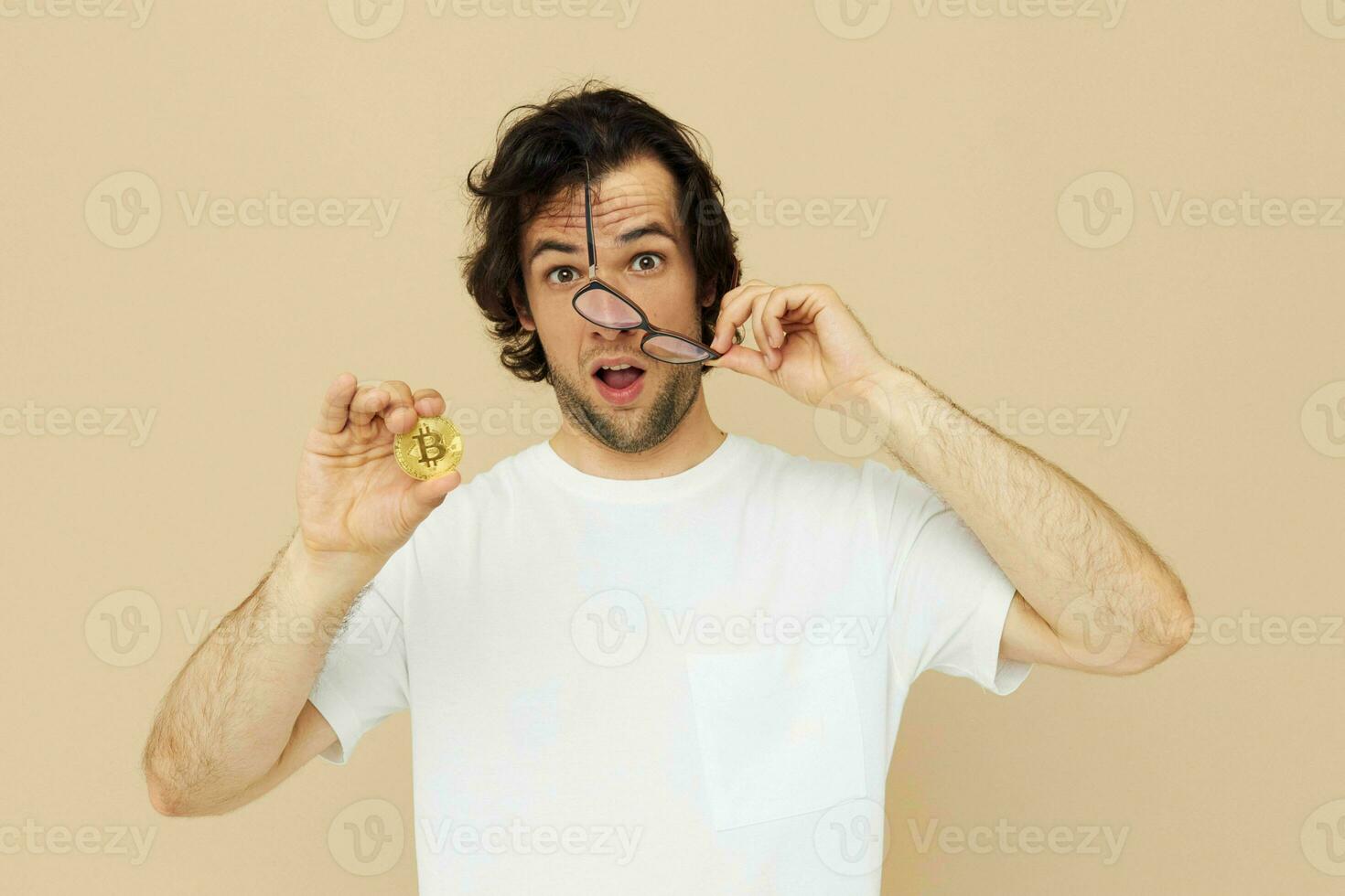 man emotions cryptocurrency finance close-up isolated background photo